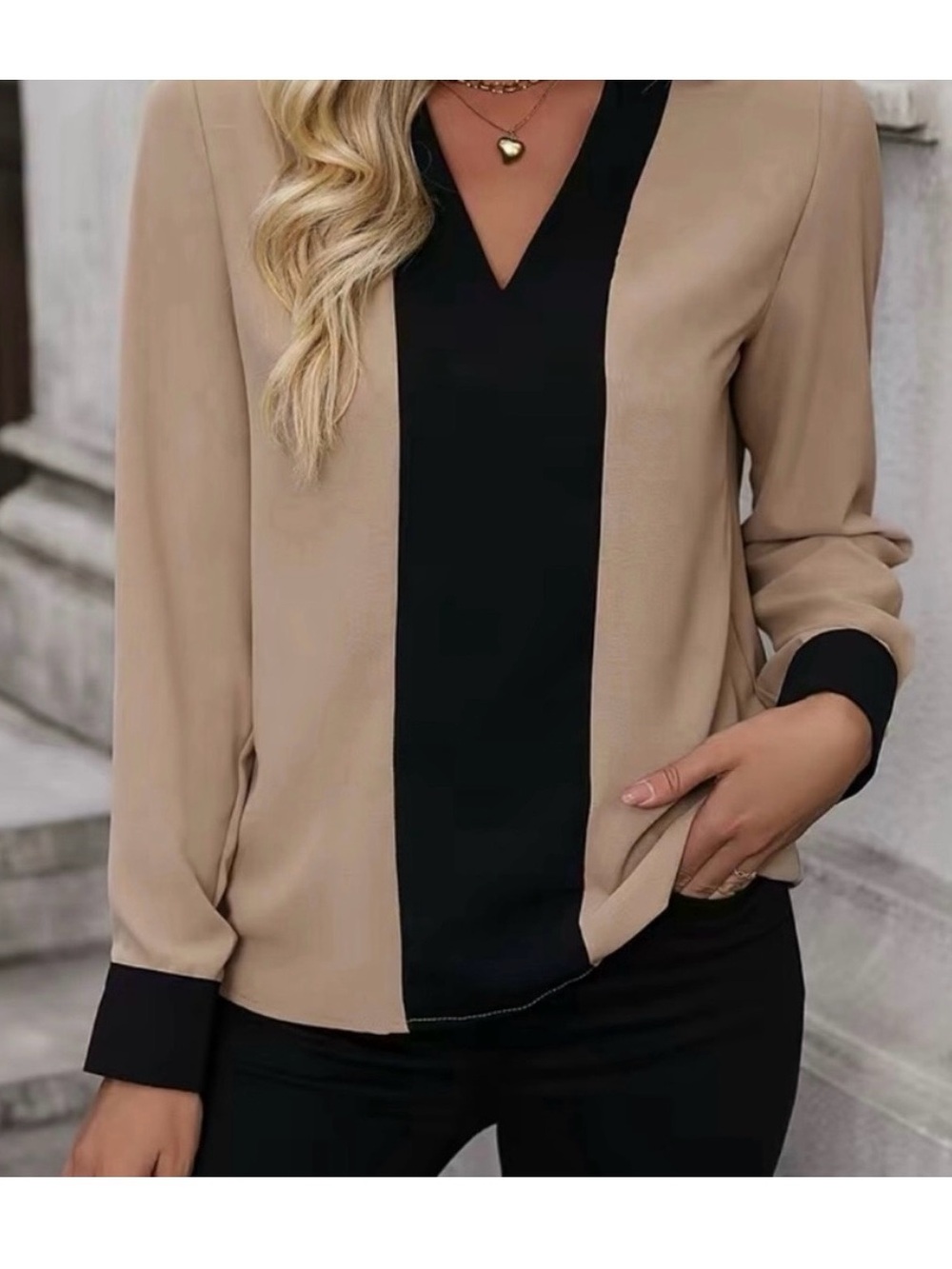 Chic Two-Tone V-Neck Blouse in Beige and Black